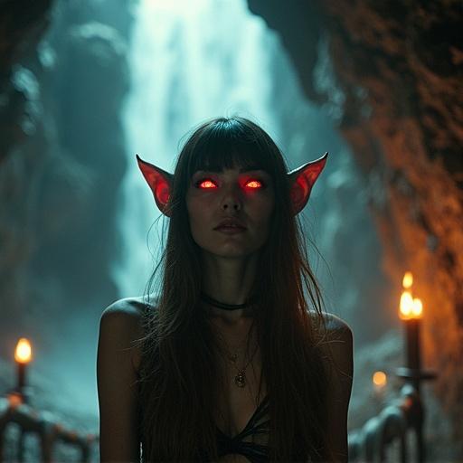 Creative portrait shot from an upward angle of an alien woman with pointy ears inside a cavern. The scene features torchlight, a waterfall, and a dark, textured appearance, showcasing glowing eyes in a surreal atmosphere.