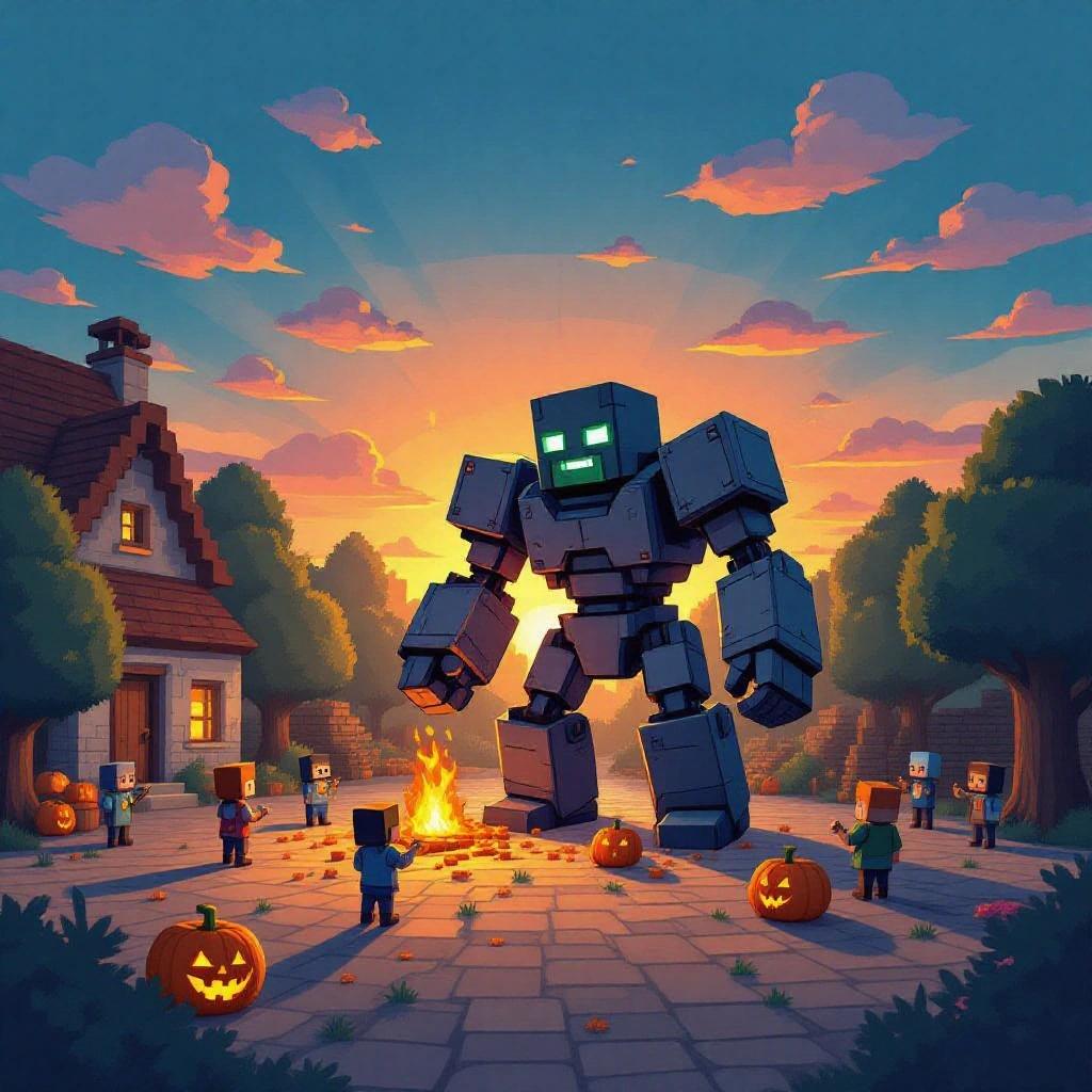 Wide shot depicting a village square during sunrise in a Minecraft cartoon style. An Iron Golem is partially assembled. Villagers are preparing carved pumpkins. The scene has bright saturated colors and bold black outlines with simple shading and expressive cartoon faces.