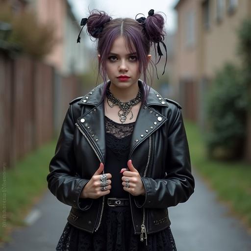 Generate a strikingly cute eastern european goth punk woman with a smirking smile. She has light hazel eyes with dark eyeliner. Her hair is colorful, tied in two loose buns with black ribbons. She stands in an americanized neighborhood alleyway. She wears a black leather studded biker jacket over a lace short skirtdress. Her hands display cool punk goth rings.