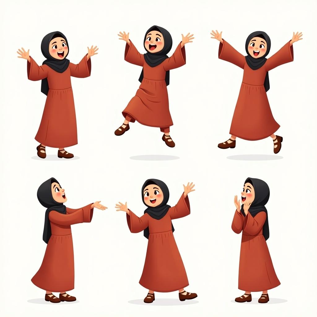 A girl wearing a Moroccan-style dress with a hijab and a mole under her nose is depicted in six lively poses. Each pose represents a different personality trait or aspect of friendship. One shows her laughing joyfully, exuding happiness. Another displays her jumping in excitement with raised arms. A third pose captures her surprise with wide eyes and hands in shock. In a calming pose, she has a soft smile, extending an open hand as if comforting a friend. For playfulness, she winks with her hands on her hips. Finally, she reflects thoughtfully, with one hand on her chin, gazing to the side.