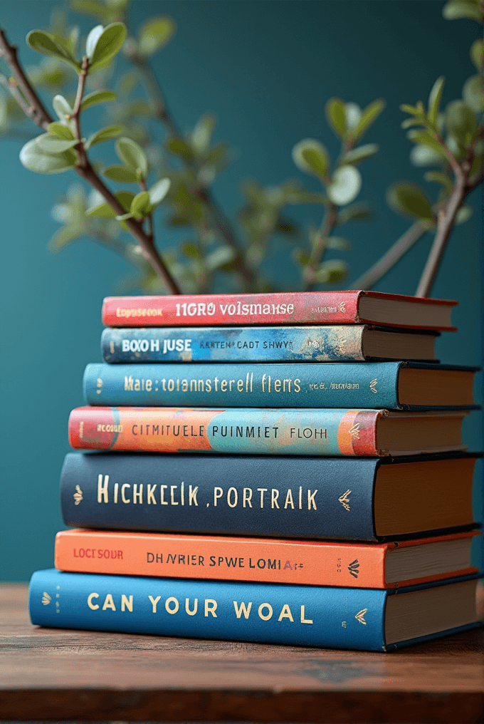 A stack of colorful books is placed on a wooden table next to a green plant.