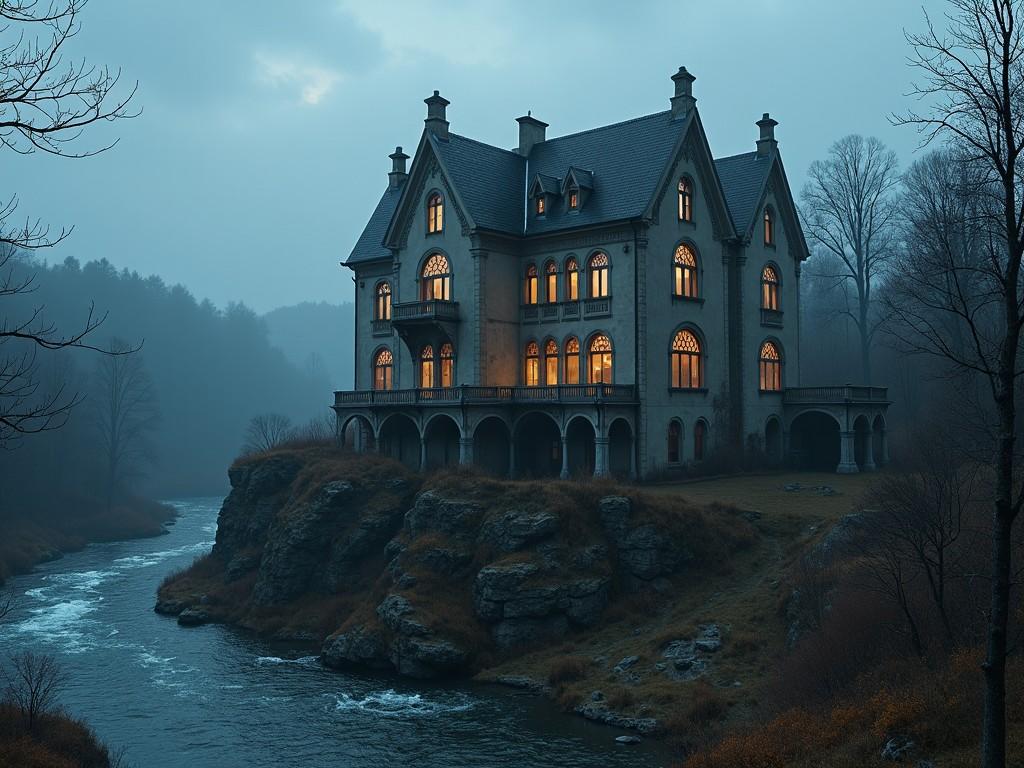 This image features a majestic abandoned Swedish house situated on a rocky outcrop near a winding river. The architecture exhibits elaborate designs characteristic of Swedish style, now in an abandoned state. Soft lights glow from the arched windows, creating a warm ambiance against a cool evening sky. Surrounding trees and a rain-like sky provide a dramatic and misty backdrop. The overall scene evokes a sense of magic and fantasy, making it perfect for storytelling or artwork.