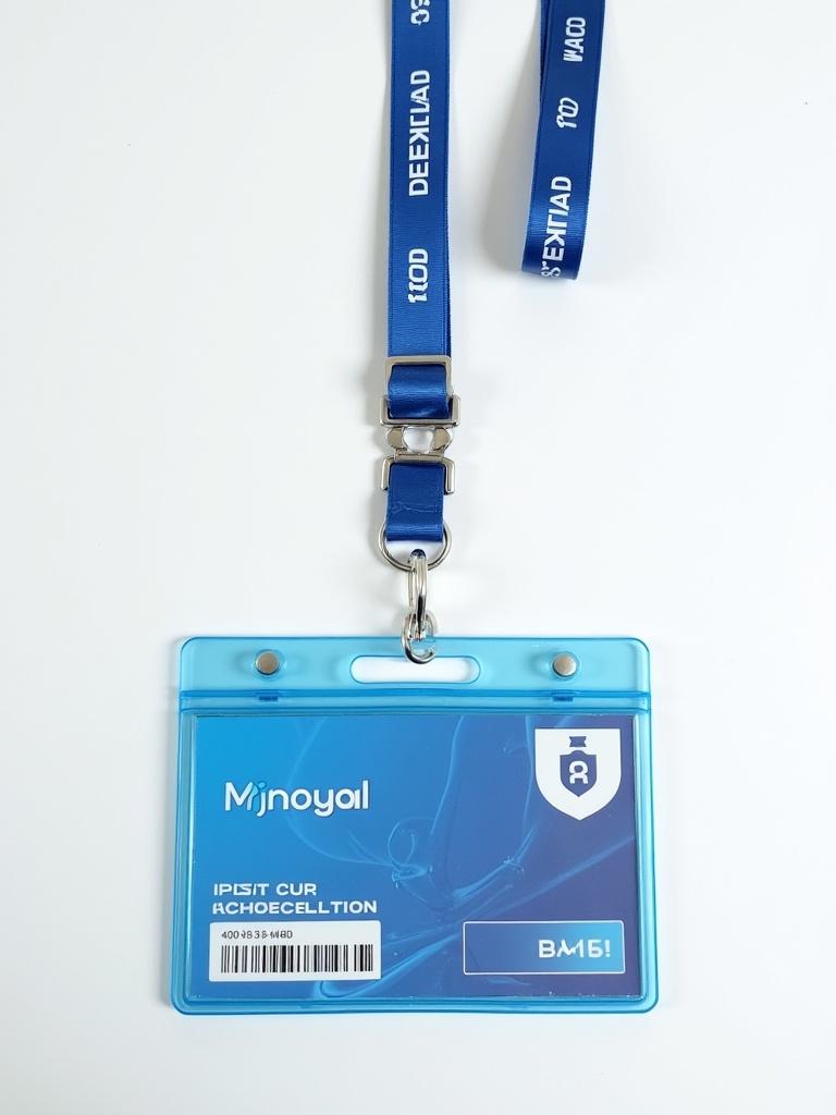 ID card with a blue and white design features name and ID number. Lanyard attached for easy carrying. Card displayed on a white background.