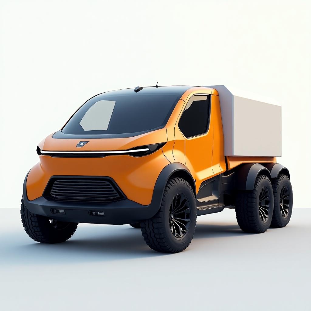 Futuristic concept car with realistic design. A sleek, orange truck with a distinctive shape and a cargo area.