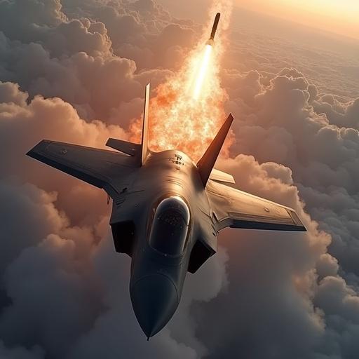 Cinematic overhead view of an F-35 aircraft in the sky being destroyed by a rocket during sunset