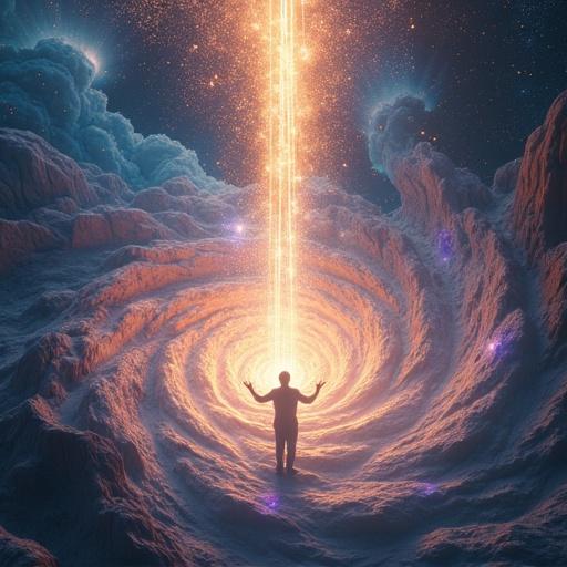 Photorealistic conceptual illustration. Overhead view of human figure at center of swirling energy vortex. Extended hands emitting organized quantum coherence fields. Surrounding environment shows localized distortions in spacetime. Streams of luminous energy connect upwards to cosmic structures. Information flows through human figure into reality field. Grand cosmic aesthetic blending realistic space and abstract concepts. Use deep space blues, cosmic purples, and golden light. 8k wide shot.
