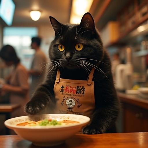 Realistic image of a black cat in an apron serving ramen at a Japanese restaurant. Background shows people cosplaying in a lively setting.