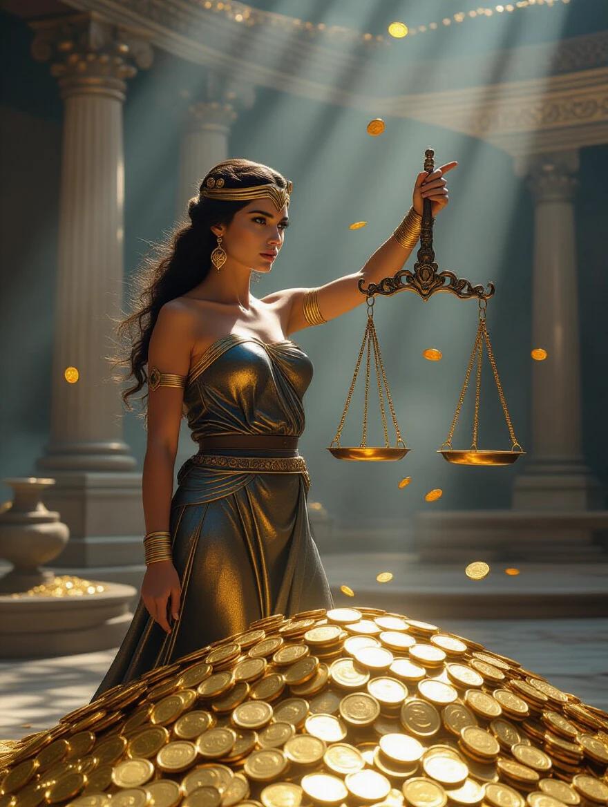 A realistic, cinematic image of the goddess Themis holding scales. One side of the scale has many gold coins, appearing heavy. The other side is empty. A dramatic and cinematic atmosphere is created with warm lighting and an opulent background.