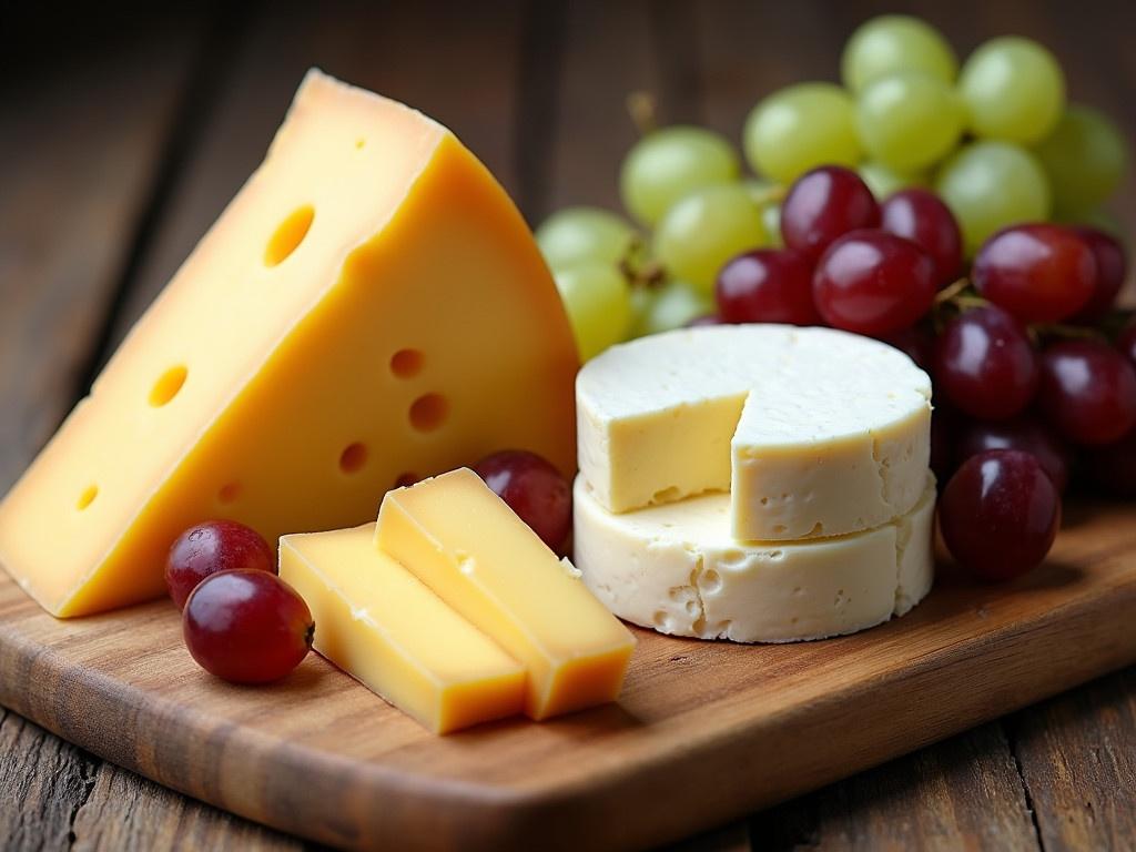 A wooden cutting board is adorned with an assortment of cheeses and fruits. The display includes a large wedge of yellow cheese with holes, alongside slices of a mild yellow cheese. There are two rounds of creamy white cheese stacked together, one with a small bite taken out. Scattered around the cheeses are a few fresh grapes, adding a splash of color. The board is surrounded by a rustic atmosphere, emphasizing the natural elements of the cheeses and fruits.