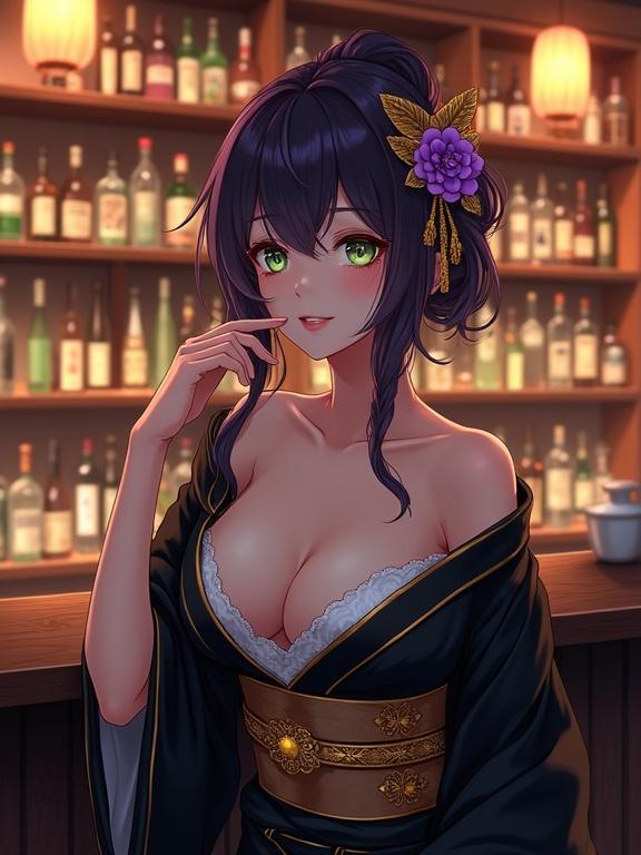 Anime-style woman with dark violet hair styled upwards. Violet flower and gold hairpins in hair. Light green eyes and gentle expression. Black and gold kimono over white garment. Dark bar counter setting. Warm wooden shelves with liquor bottles. Soft lighting from paper lanterns. Cozy atmosphere.