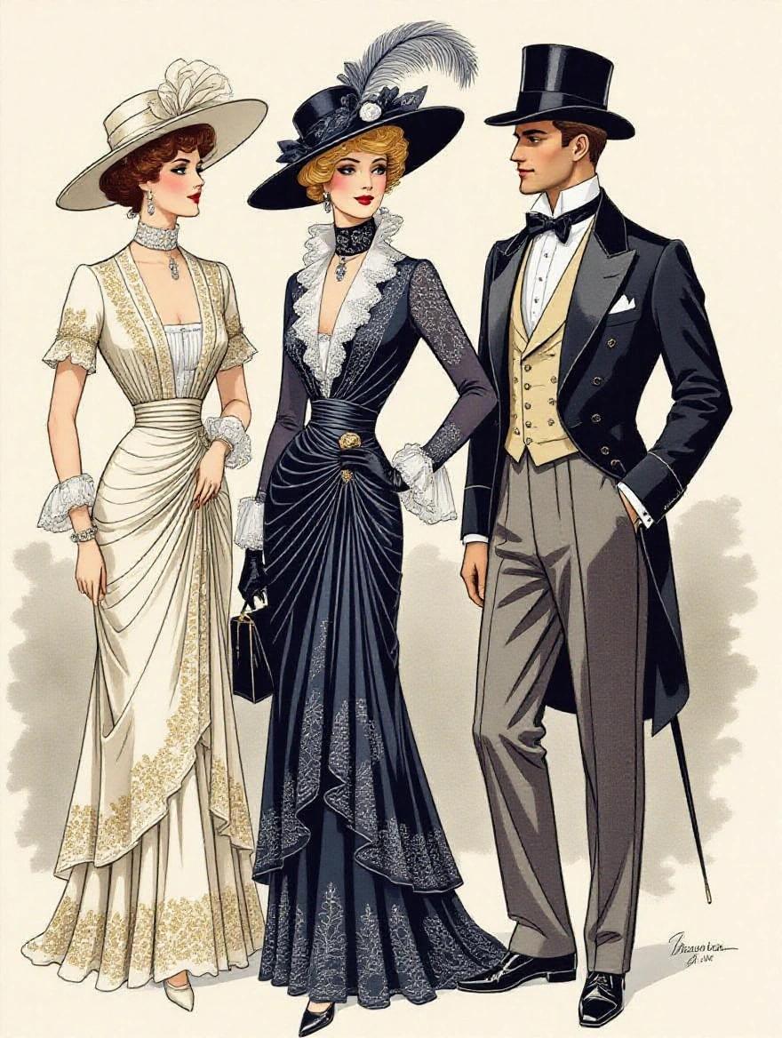 Sophisticated illustration of Belle Époque fashion. Features men's and women's elegant attire. Includes intricate lace, stylish hats, embroidered suits. Displays graceful poses and attention to detail.
