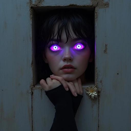 Portrait of a girl viewed from inside a box. Focus on glowing purple eyes looking at the viewer. Feet resting on the box. The scene is atmospheric with steam and wet effects. Beautiful blue eyes highlighted in the composition. Gold flower adds visual interest. Artistic and high-quality image.