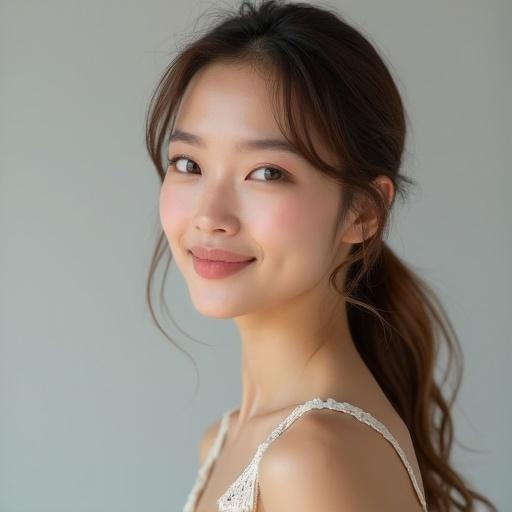 A 25-year-old woman presents a calm demeanor. She has well-proportioned features with a slim waist. The fitted clothing complements her figure. Hair is shoulder length with warm light brown, honey, and chestnut highlights. A neat low ponytail keeps hair in place with loose strands framing the face. The expression is soft, showcasing a gentle smile. Facial features are delicate with a defined cheek structure. Eyes are large, deep-set, and bright. They possess an ethereal glow. Skin appears flawless with a natural translucent quality. The background is a neutral smooth light gray gradient.