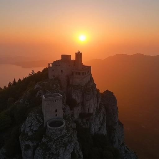 Drone view of a breathtaking sunrise over a stone castle on a mountain. The sky glows with warm orange and yellow hues as the sun rises. The landscape includes green trees and rocky terrain.