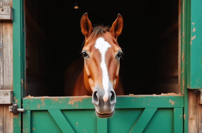 A brown horse with a distinct white blaze on its face looks out from an open green stable door.