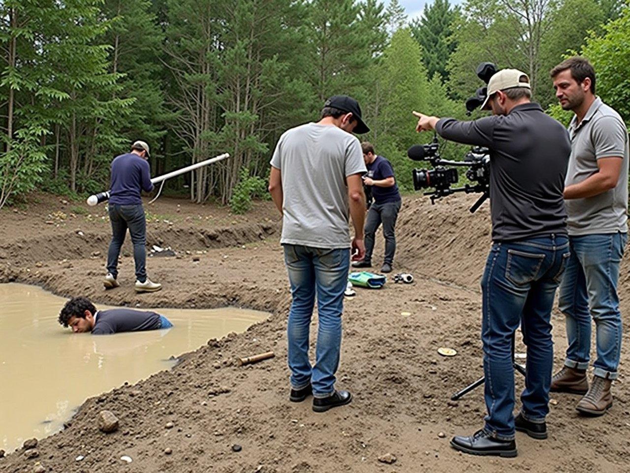 This image shows a film set in a natural outdoor environment. There is a muddy area with water where a person appears to be submerged. Several crew members are busy with filming equipment, including cameras and a boom. One crew member is focused on capturing the scene as they point a camera while another is adjusting tools nearby. The scene seems to depict a moment that is being specifically staged for a movie or TV show, showcasing the behind-the-scenes work of the film industry.