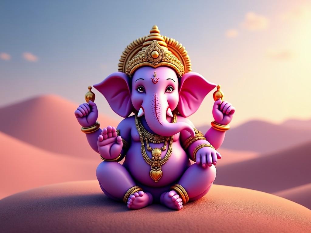 This image features a vibrant depiction of Lord Ganesha, a revered deity in Hindu culture, sitting peacefully with a background of soft sand dunes. The figure is adorned with traditional jewelry and a crown, and is colored in rich shades of pink and purple, enhancing its divine appearance. The warm hues of the sunset add a serene, spiritual atmosphere to the scene.