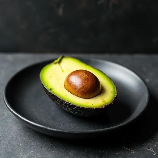 A plate features an avocado halved to reveal the seed. The dark, textured peel contrasts against the sleek slate table.