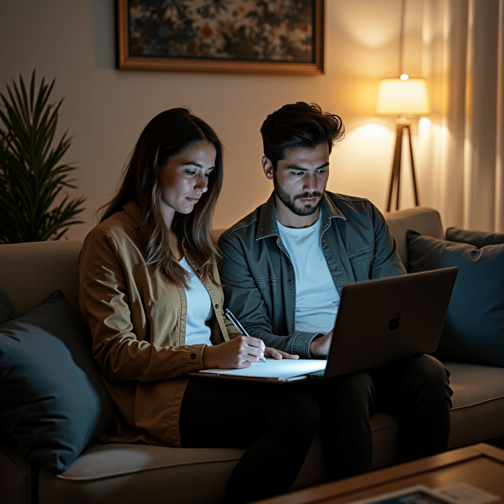 A couple sits on a sofa, focused on their laptop and notes in a cozy dimly lit room.