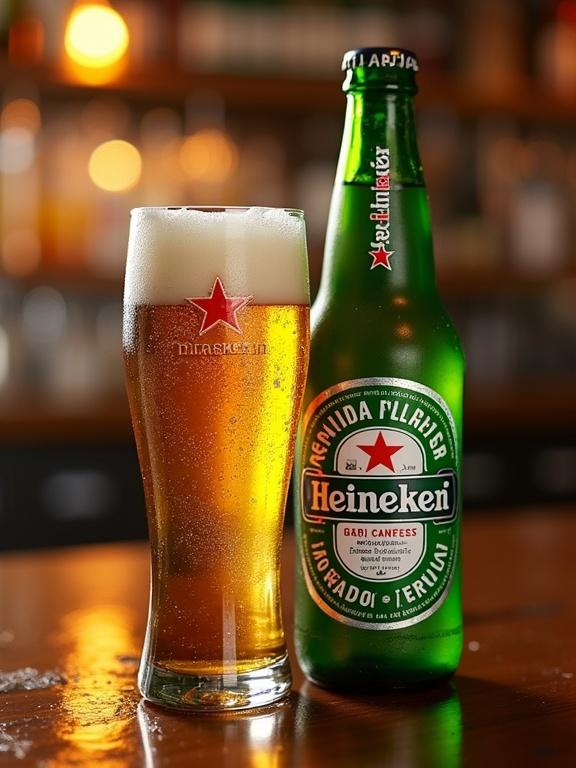 Glass of beer next to Heineken bottle on Brazilian bar table. Realistic image with high quality. Warm lighting and inviting setting.