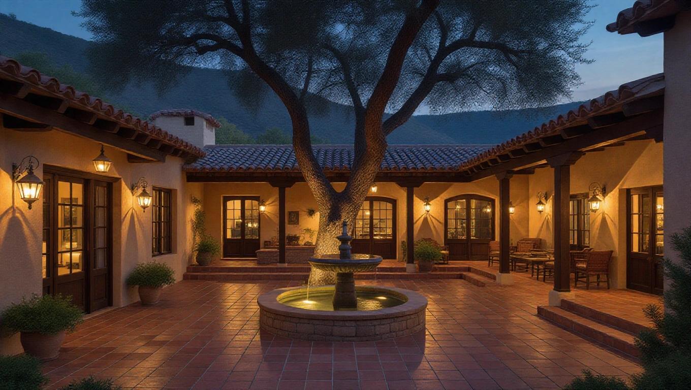 Nighttime view of a rustic one-story house around a central open courtyard. The courtyard has a large tree and a stone fountain. Soft warm lights from vintage wall lanterns and hanging faroles illuminate the patio. House has stone and adobe walls, wooden beams, and clay tile roofing. Rooms open to the lit courtyard with wooden doors and arches. Dim lights glow through iron-framed windows on stone walls. Golden lighting, peaceful night sky, romantic mood, photorealistic, 4K resolution, high detail on textures.