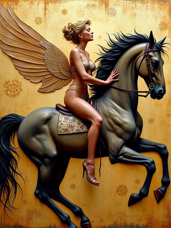 3D mixed media artwork depicts a woman riding a horse. The woman is styled as a femme fatale with wing-like features. Whimsical and intricately detailed elements are present. The tone is artistic and imaginative.