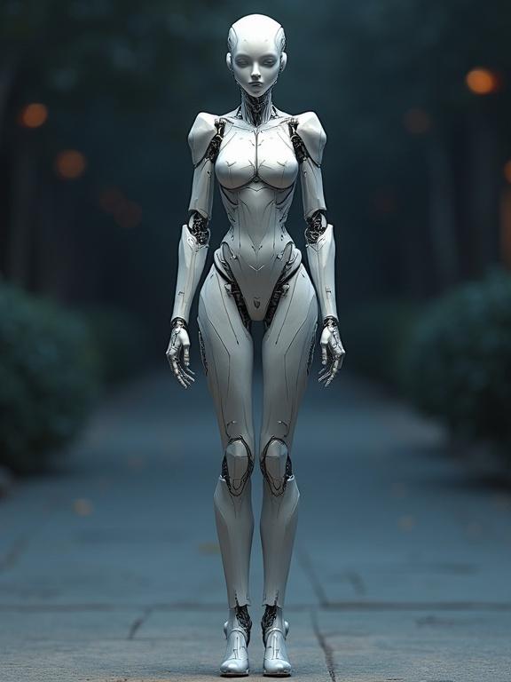 A 3D titanium sexy body female robot sculpture with a serene expression. The design features functional legs and accentuates curves. The robot's surface shows geometric patterns under dramatic lighting. The scene is set in a nighttime environment. Full frame panoramic view with intricate details.