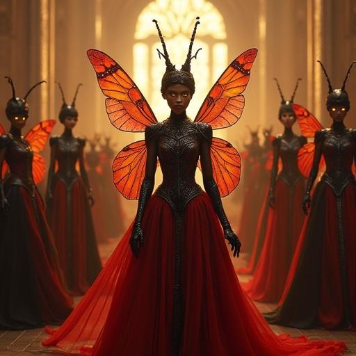 Gathering of enchanting ant queens in majestic fantasy palace. Each queen appears as stunningly beautiful woman with ant-like features. Armored in ornate black and red chitin with semi-transparent wings and glowing eyes. Setting is luminous magical ballroom within massive underground ant nest. Realistic insect textures blend with high fantasy aesthetics. Cinematic lighting and ambient fog.