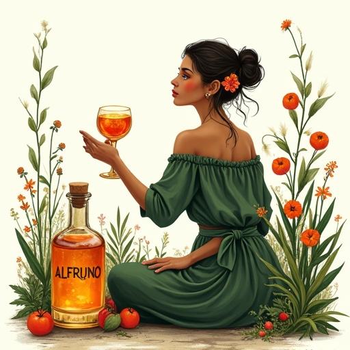 A conceptual artwork in a minimalist style. Features a woman in a green boho blouse and wrap skirt. She holds a cocktail glass, toasting with an elixir. A bottle labeled 'ALFRUNO' radiating a golden glow. The background is a garden with herbs and wildflowers.