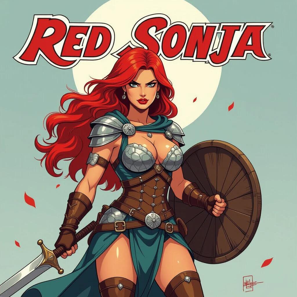 Red Sonja stands confidently holding a sword and shield. She has flowing red hair. The setting includes a moon in the background. The image captures her strength and warrior spirit.