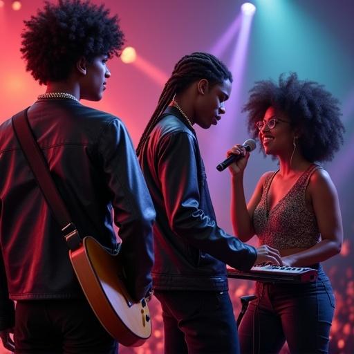 Musicians performing live on stage. A young male with light skin and curly hair wearing a leather jacket and guitar. Another male with dreadlocks holding a keyboard. A female with curly hair holding a microphone. They are engaged in a music performance surrounded by lively stage lights.