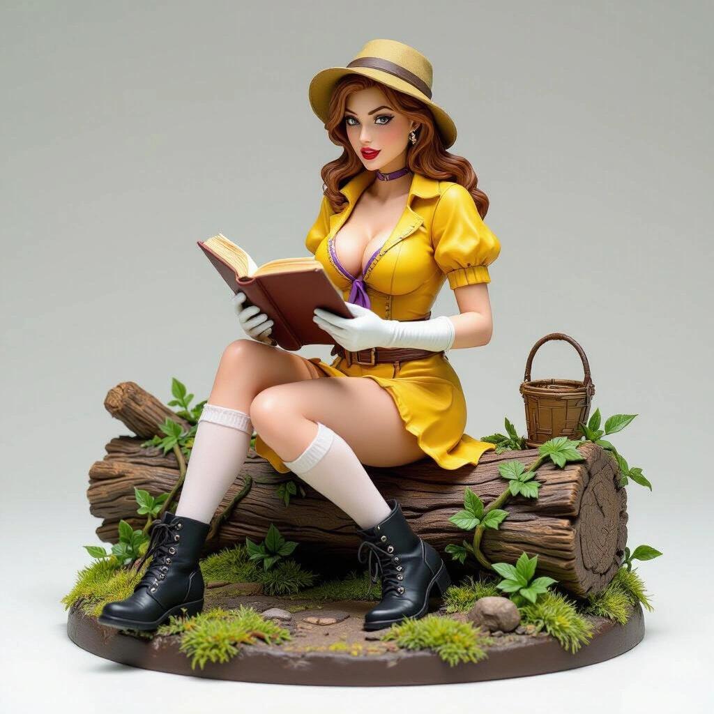 Highly detailed resin figure of a woman inspired by a jungle explorer. She sits on a log covered in lush green moss and vines. The woman reads an open book with curiosity. She wears a stylish yellow explorer dress with a purple tie and plunging neckline. Her legs are partially exposed by a slit skirt. The woman has brown hair styled in loose waves and wears a small bucket hat. The base features tropical plants and leaves that enhance the jungle theme.