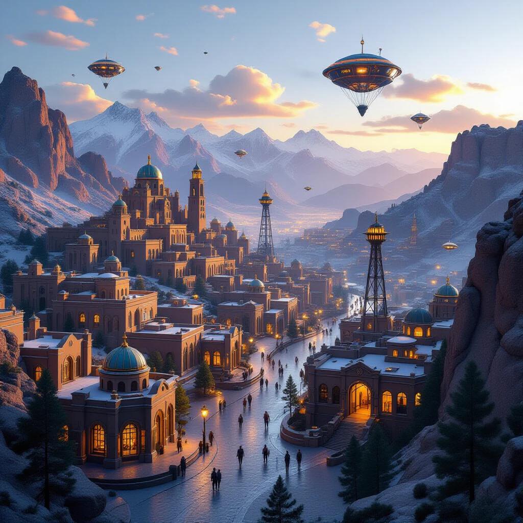 Close drone shot of a capital city in a mystical society. Located in mountains and valleys at dawn. Features gorgeous architecture with 3D-printed structures, rod iron towers, stone buildings, Pueblo Revival buildings, and Fachwerkhäuser. Sparse alien tech including mystical-looking blimps, hot air balloons, alien flying caravans, and flying hexagon forts. Engulfed in a magical nebula.