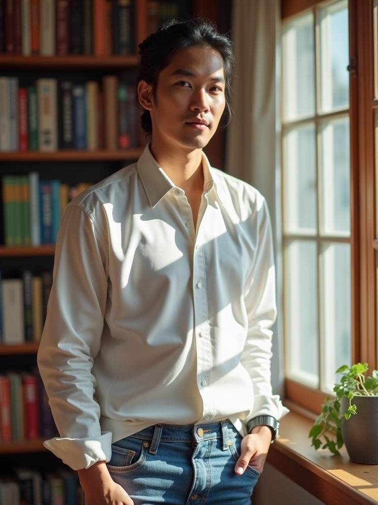 An Asian man stands in a cozy library. Bookshelves surround him. He wears a glossy white long-sleeved shirt and stylish jeans. Natural light enters through the window. The scene has a warm ambiance. His hair is in a braid.