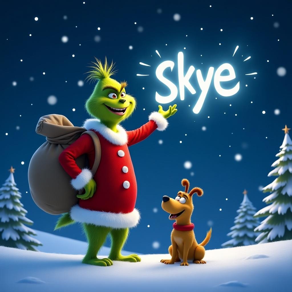 A Pixar themed Grinch stands in a snowy landscape. The Grinch wears a red suit. He has a large sack on his back. He writes 'Skye' in the sky with magical light. Max the dog smiles nearby. The background shows a starry night sky. Snowflakes fall gently around. Pine trees enhance the winter feel.