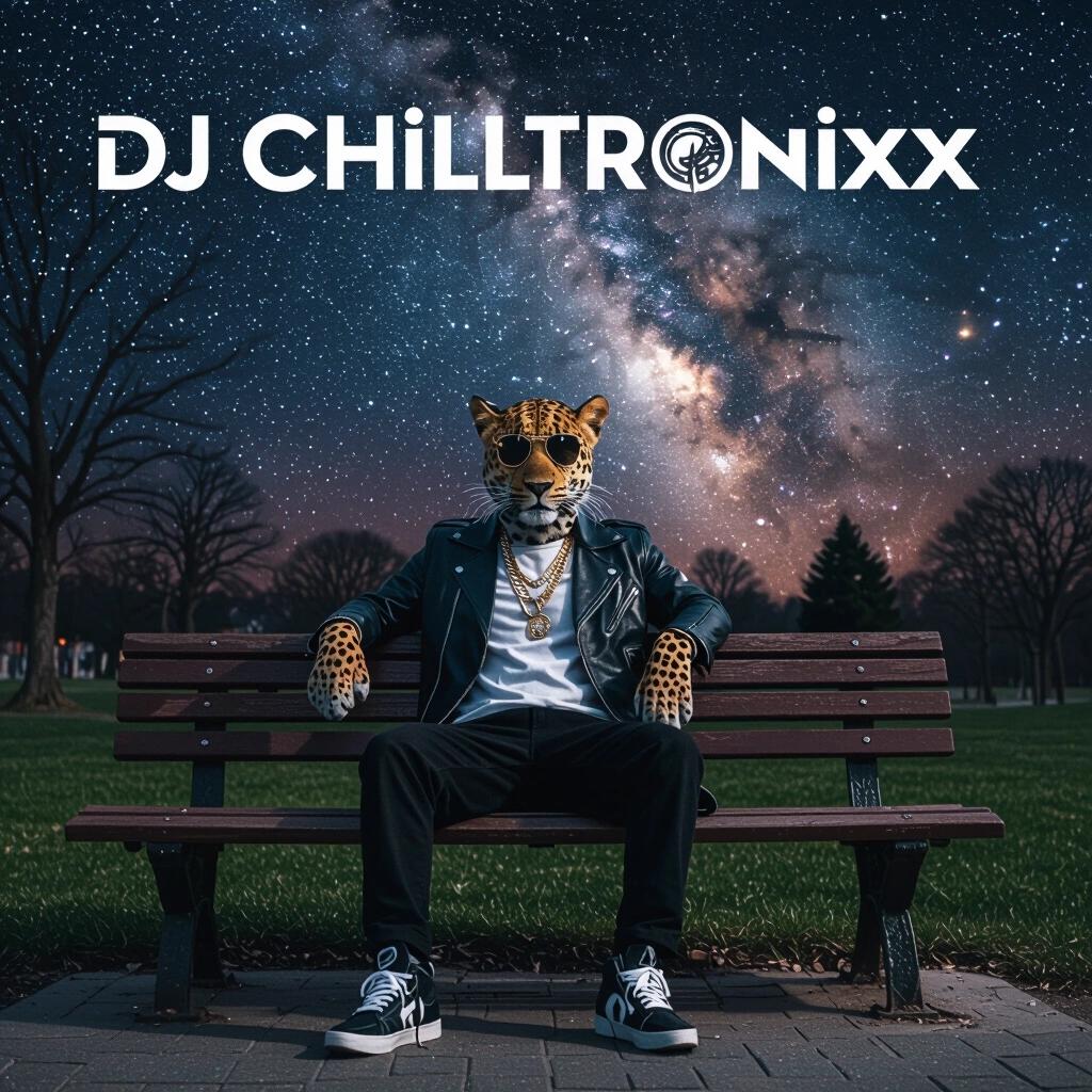 Night photo featuring a stylish leopard person in sunglasses sitting on a park bench. Dark nebulous sky serves as the backdrop. An artistic album cover for DJ Chilltronixx is designed. Emphasis on the mix of nature and glamour.