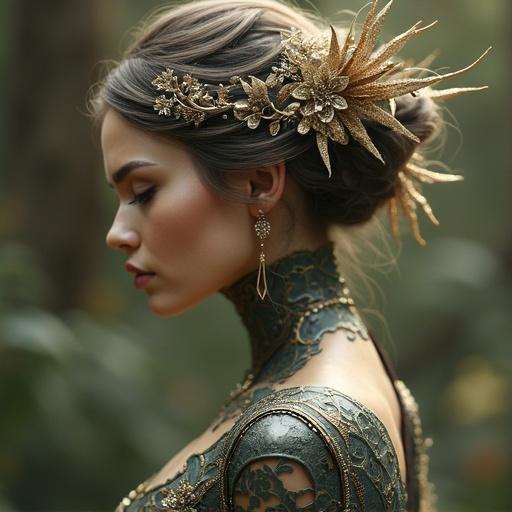 Ultra realistic portrayal of an elegant mythic creature. Focus on ultra feminine beauty with magnetism and grace. Full body view captures the essence and details.