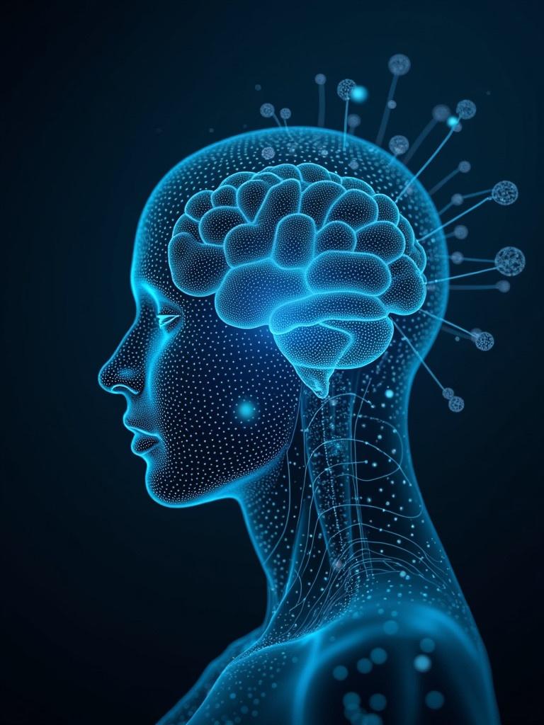 Stylized humanoid silhouette with a glowing brain. Embedding biometric technology into the head. Emphasizing advances in artificial intelligence. Use of geometric shapes and blue color. Digital artwork showcasing innovation.