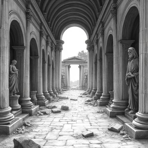 Interior view of a ruined Greco-Roman temple hall. Monochromatic pencil drawing. Grand arched hallway with a vanishing point. Massive columns with ornate capitals. Broken columns. Statues in arched niches. Uneven floor with rubble and dust. Bright light from a distant opening. Long shadows and chiaroscuro effect. Atmosphere of grandeur and abandonment. Intricate details. Sharp focus.