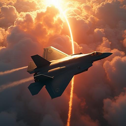 Cinematic overhead view of an F-35 in the sky surrounded by clouds with vivid sunset lighting