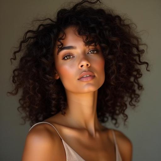 Photo of a stunning brunette woman with curly hair and olive skin