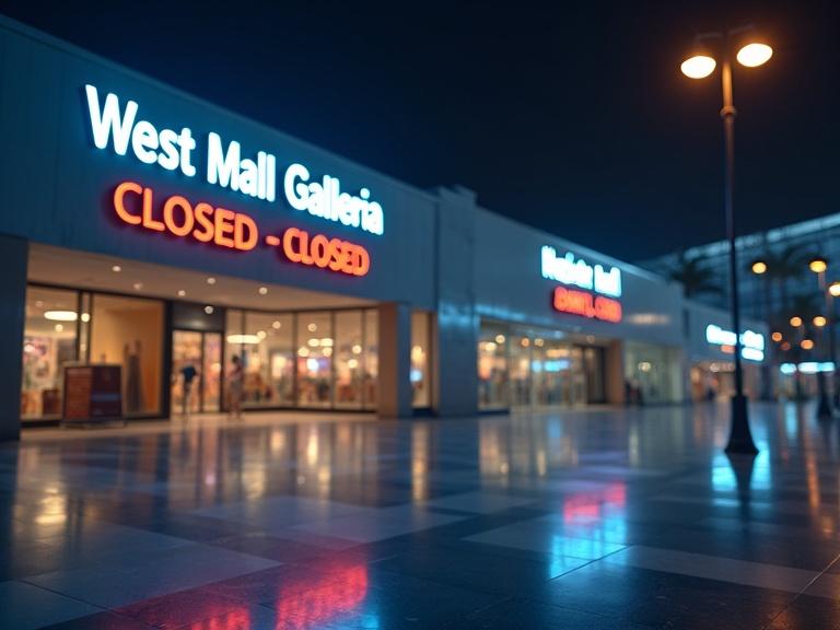 Night view of an empty modern shopping mall focusing on a sign that says 'West Mall Galleria - CLOSED'. The atmosphere is calm with dynamic perspective emphasizing the composition. The scene captures hyperrealistic details.
