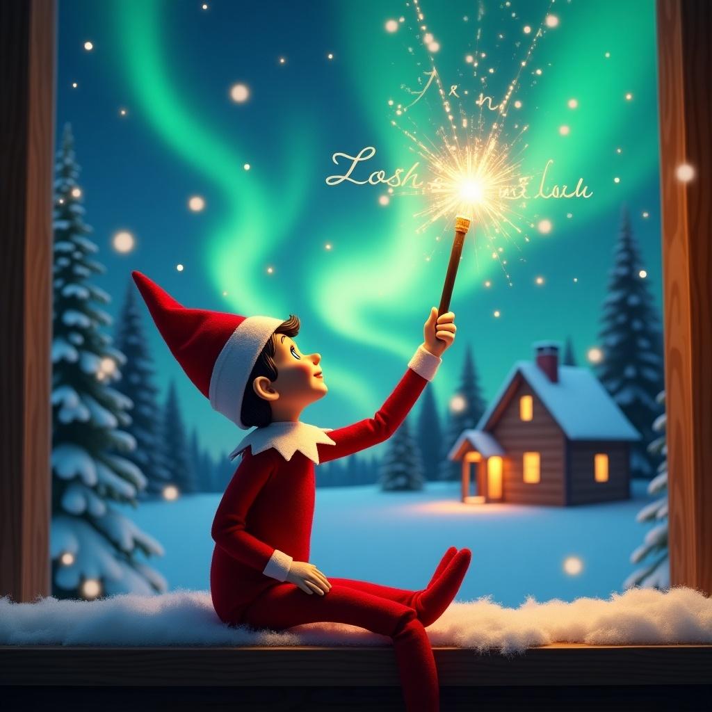 An elf on the shelf gazes skyward holding a glowing wand. A colorful northern lights scene is visible. A cozy house is in the background. Snow covers the ground. Magical and festive atmosphere portrayed.