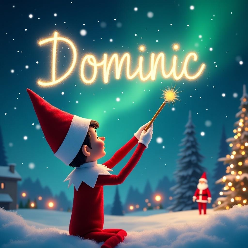 Elf in red and white facing sky. Wand writing name 'Dominic' with light. Background has Christmas scene, lighting, and snow. Santa visible in the background. Snowflakes are falling.