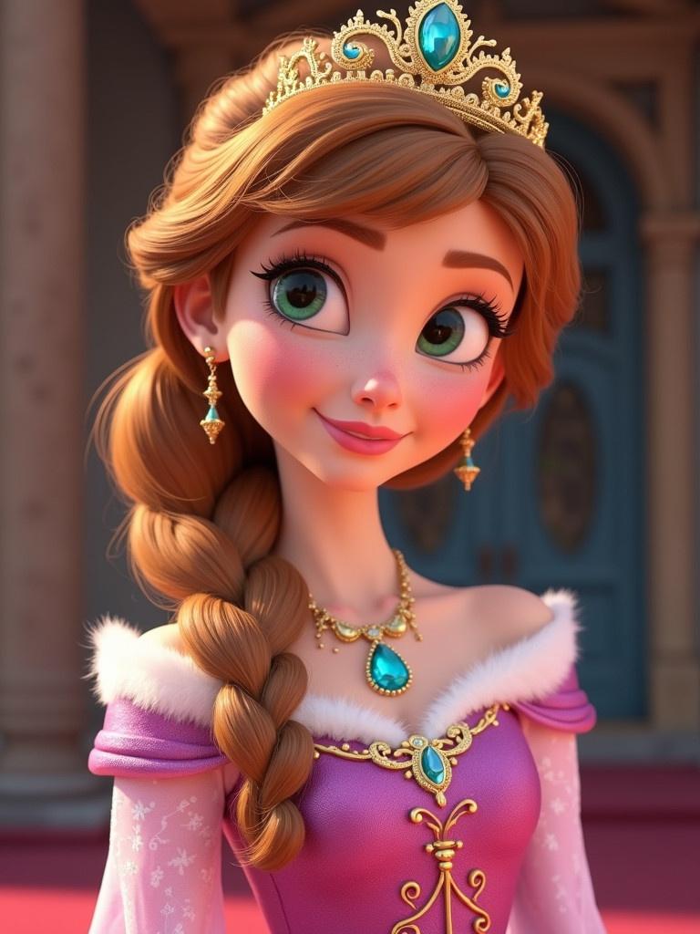 Princess Anna wearing a golden tiara and a pink gown. She has a long braid. Dressed elegantly with jewelry. The scene features an elegant background.