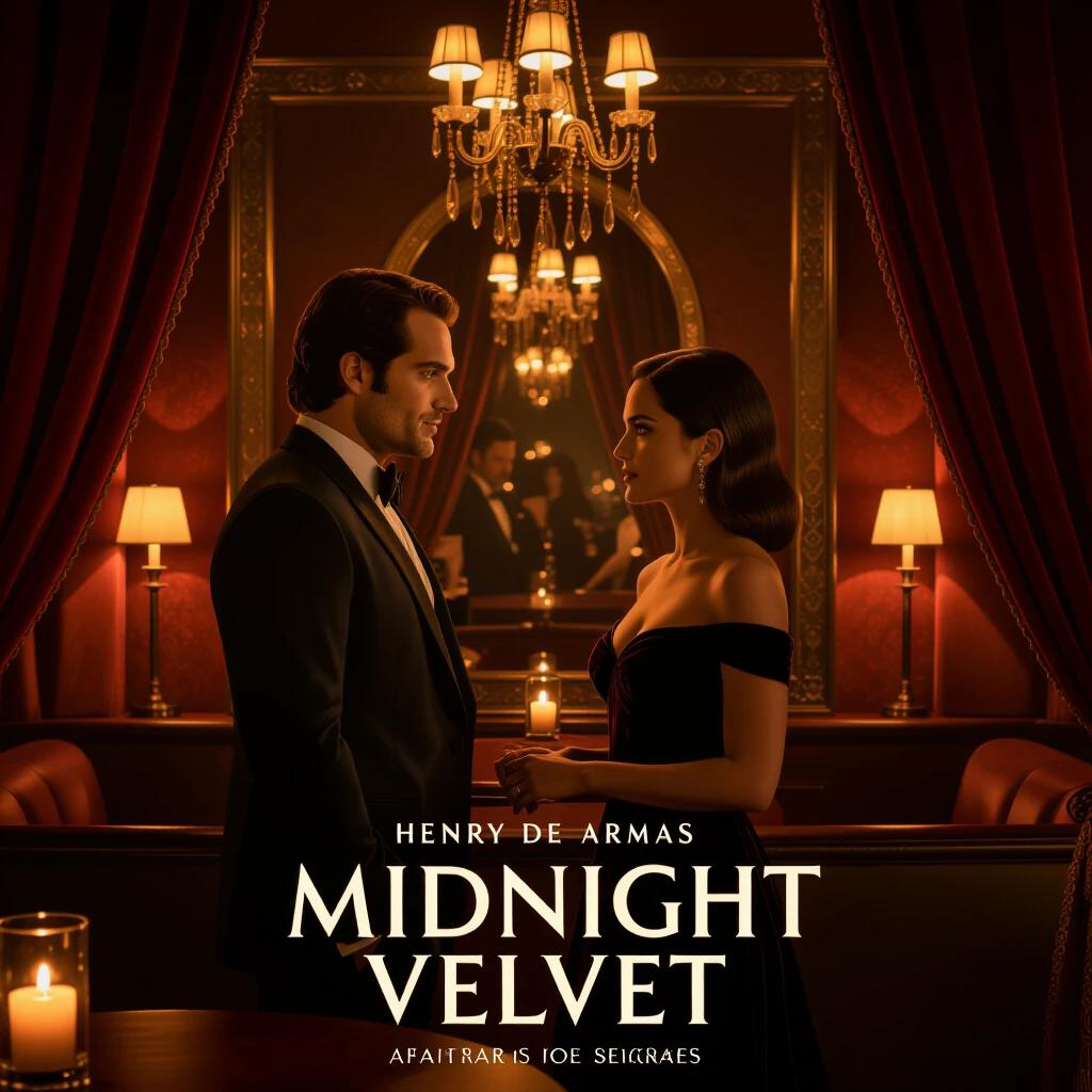 Two characters stand close in a private lounge with velvet drapery. Amber candlelight illuminates the space creating a luxurious atmosphere. Their eyes meet in a slow-burning gaze indicating an unspoken tension. The elegant title MIDNIGHT VELVET appears in cursive at the bottom.