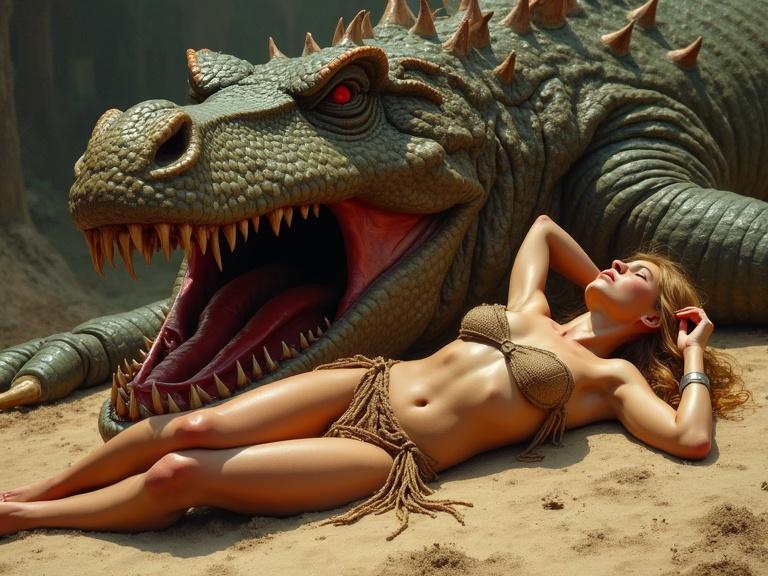 Close-up painting of a skinny tribal blonde woman lying on her back beside a big dragon in a post-apocalyptic setting. Shiny skin appears in the warm light. The setting evokes a fantastical atmosphere with a friendly yet scary dragon. The woman shows signs of fatigue and adrenaline.