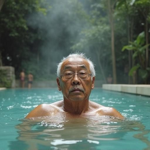 Front view of an older man in a hot spring. Serene environment with lush greenery. Soft lighting highlights relaxation and tranquility. Water is calm around the subject. Peaceful atmosphere.