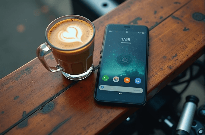 A glass mug of latte with heart-shaped art next to a smartphone displaying 17:55 on a wooden surface.