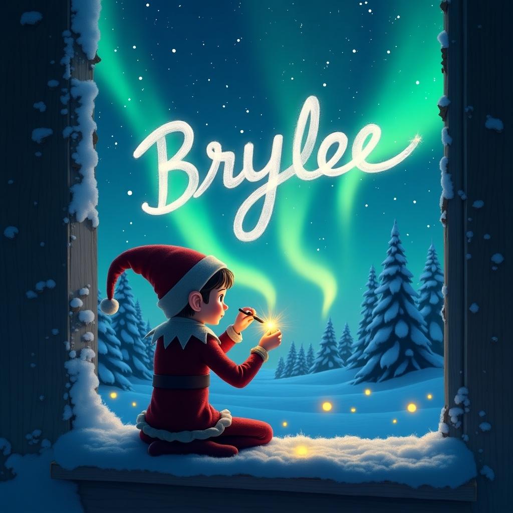 The image depicts a whimsical elf named Brylee, sitting by a snowy window. Outside, the northern lights dance in the night sky, illuminating the scene with vibrant colors. The elf is writing in the air, creating letters that glow softly. The surrounding landscape is filled with snow-covered trees, adding to the magical feel. This enchanting moment captures the joy and wonder of the holiday season.